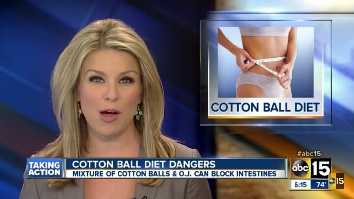 일단 미국 유명 방송사들이 앞다퉈서 이 다이어트가

왜 문제인지 지적함

`MIXTURE OF COTTON BALLS & O.J CAN 

BLOCK INTESTINES`

`코튼볼과 오렌지주스 혼합물은 장폐색을 일으킬 수
있습니다`

장폐색이 뭐냐면